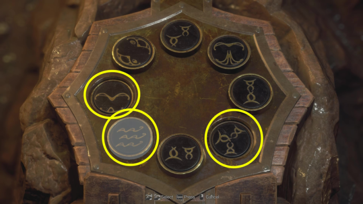 Buttons are highlighted on the first puzzle's console. This image is part of an article about how to solve the cave puzzles in Resident Evil 4 remake.