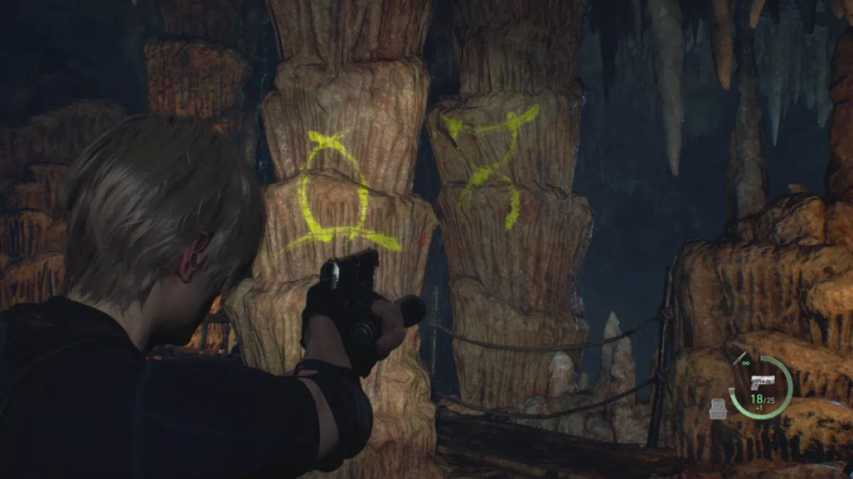 Leon aims at puzzle clues on stalagmites. This image is part of an article about how to solve the cave puzzles in Resident Evil 4 remake.