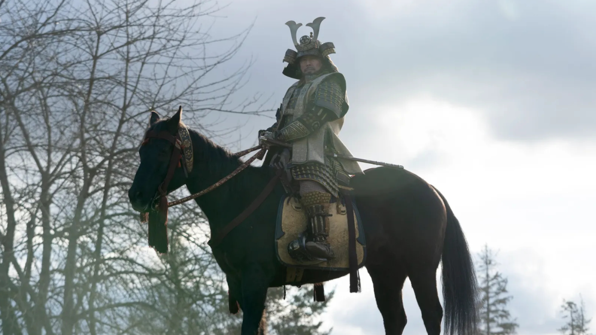 Yoshii Toranaga in armor on horseback in Shogun
