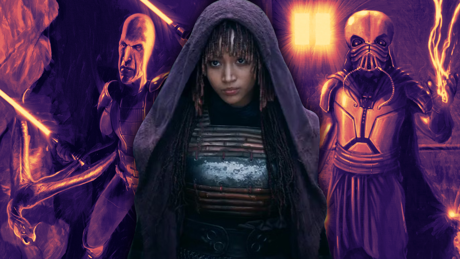 The Acolyte's Mae combined with illustrations of Star Wars Sith Lords Darth Plagueis and Darth Tenebrous