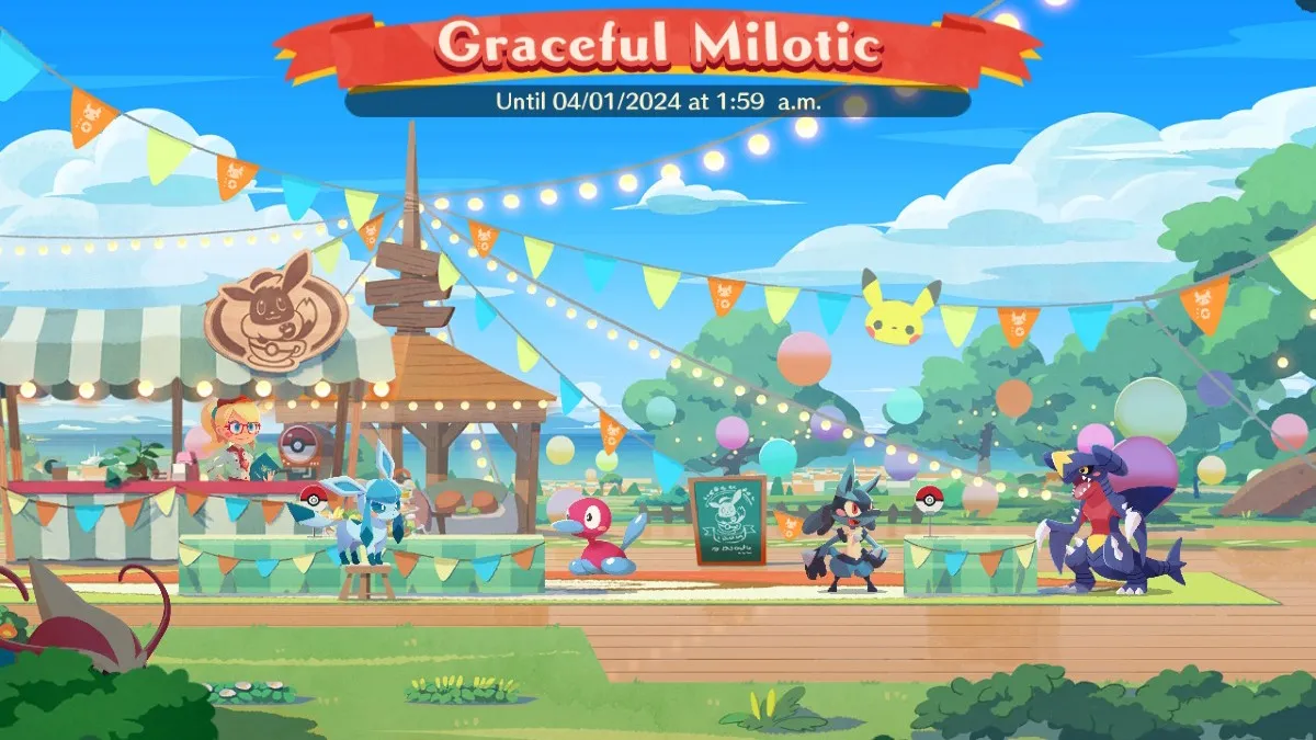 Image of the Tea Party Picnic Area for the Graceful Milotic Event in Pokemon Cafe Remix