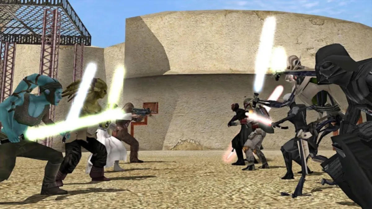 Good guys and bad guys fighting in Battlefront. This image is part of an article about all cheat codes for Star Wars: Battlefront Classic Collection.
