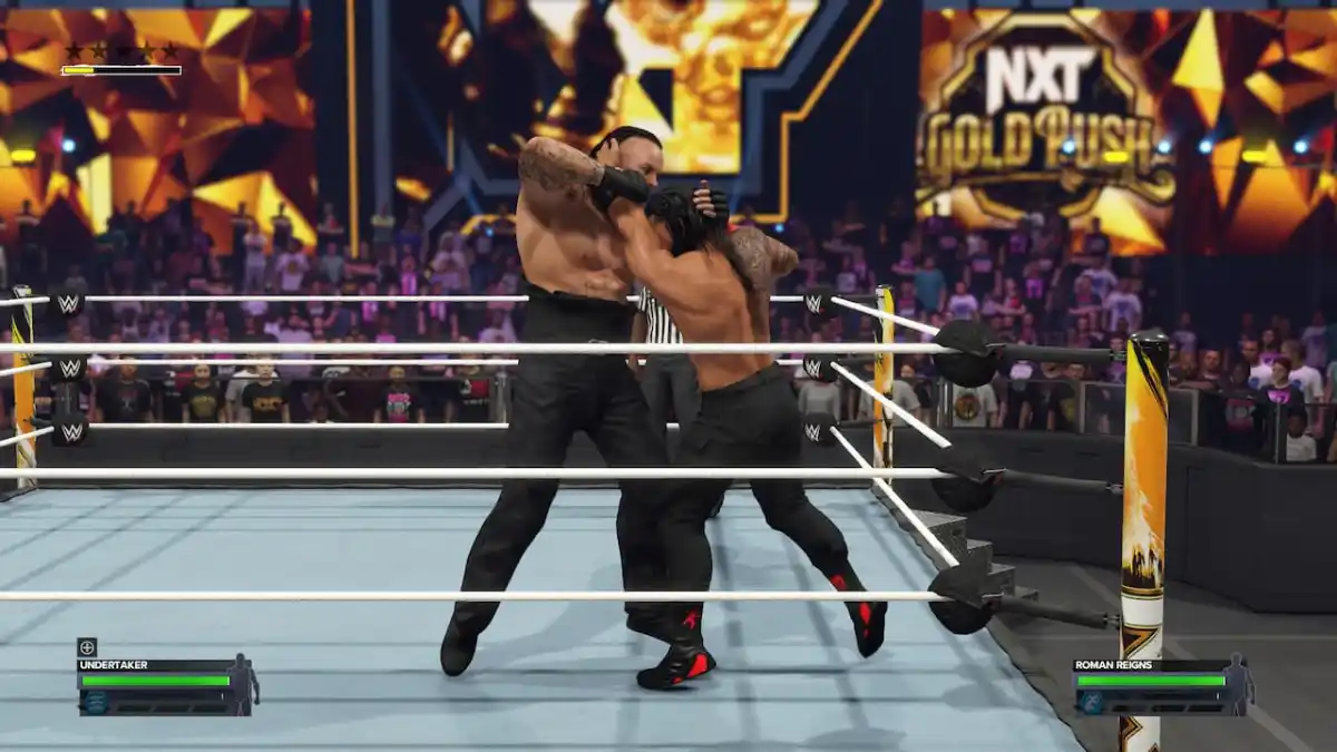 A wrestler grapping another in WWE 2K24. 