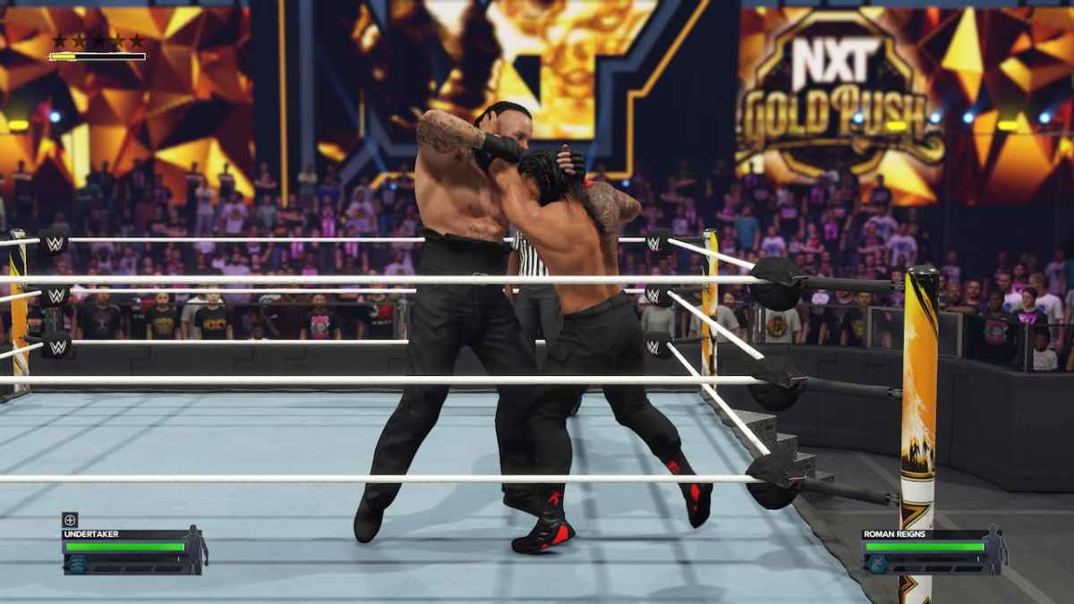 A wrestler grapping another in WWE 2K24. 