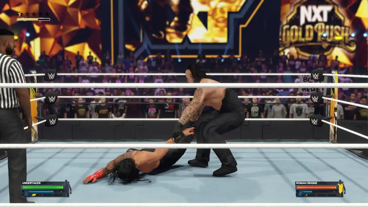 One opponent dragging the other around in WWE 2K24
