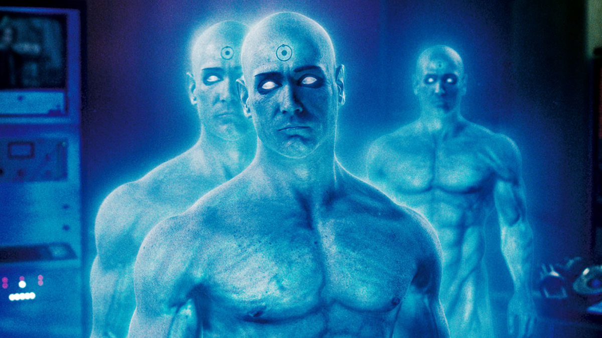 Doctor Manhattan splits into three different bodies in 2009's Watchmen