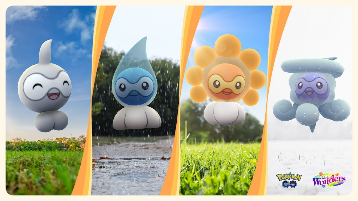 Image featuring four different forms of Castform from Pokemon GO