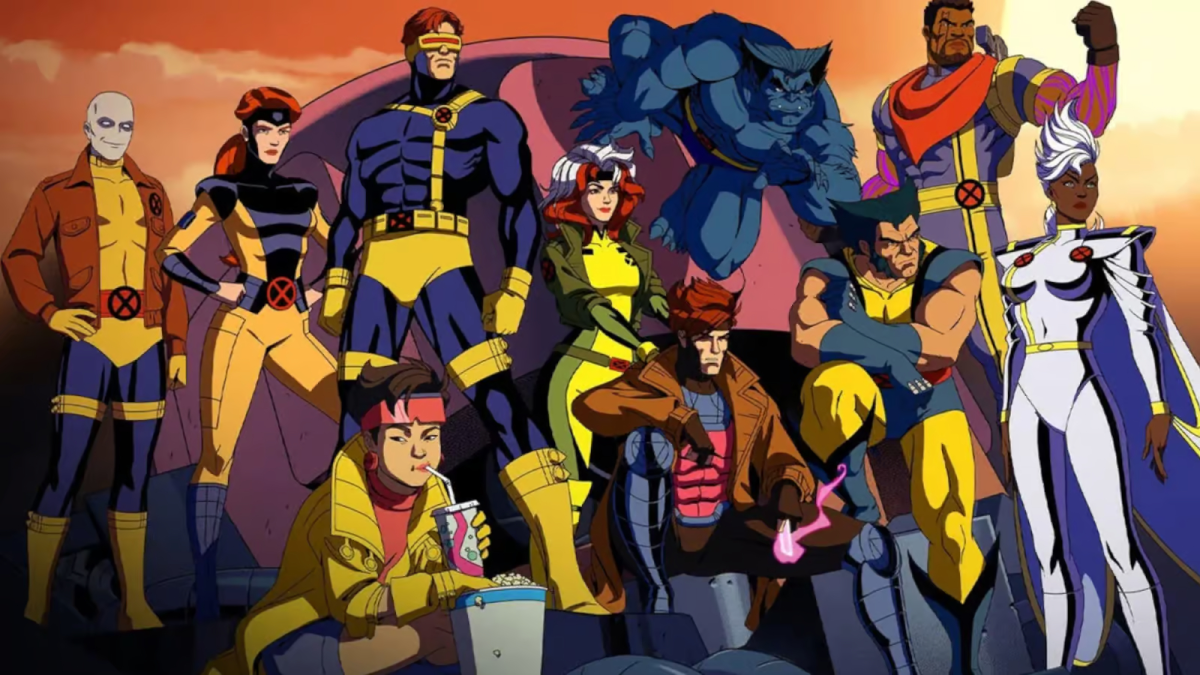 Morph, Jean Grey, Jubilee, Cyclops, Rogue, Gambit, Beast, Wolverine, Storm, and Bishop in X-Men '97