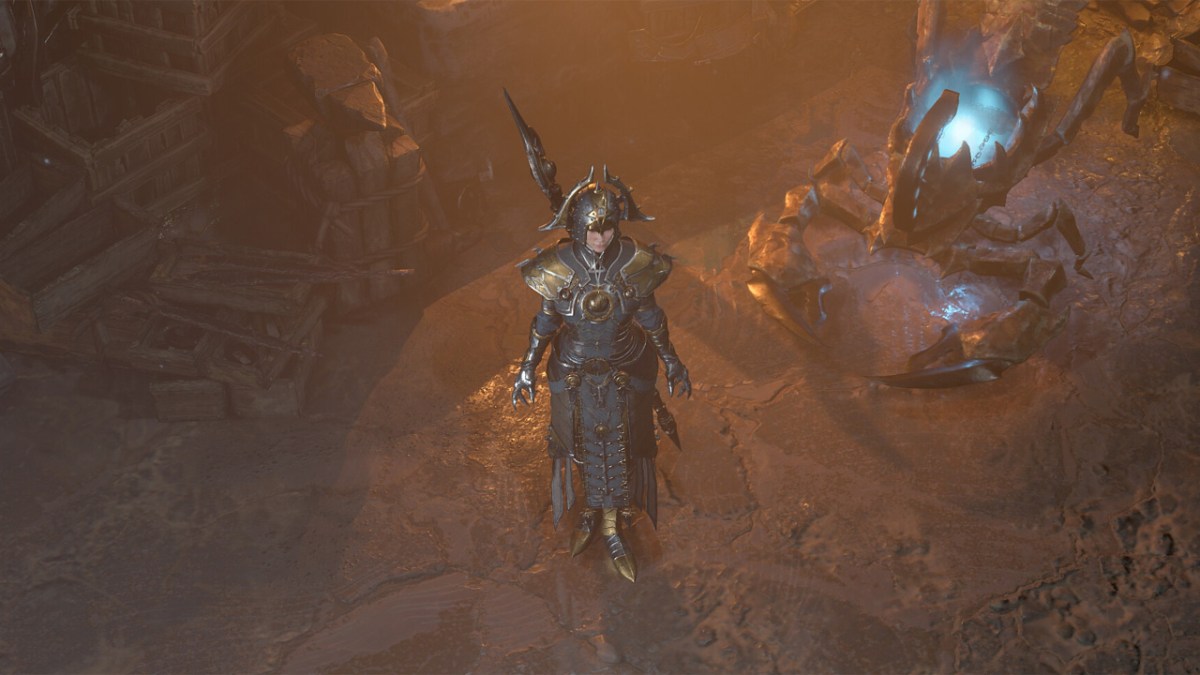 An armored archer standing against an orange cave.