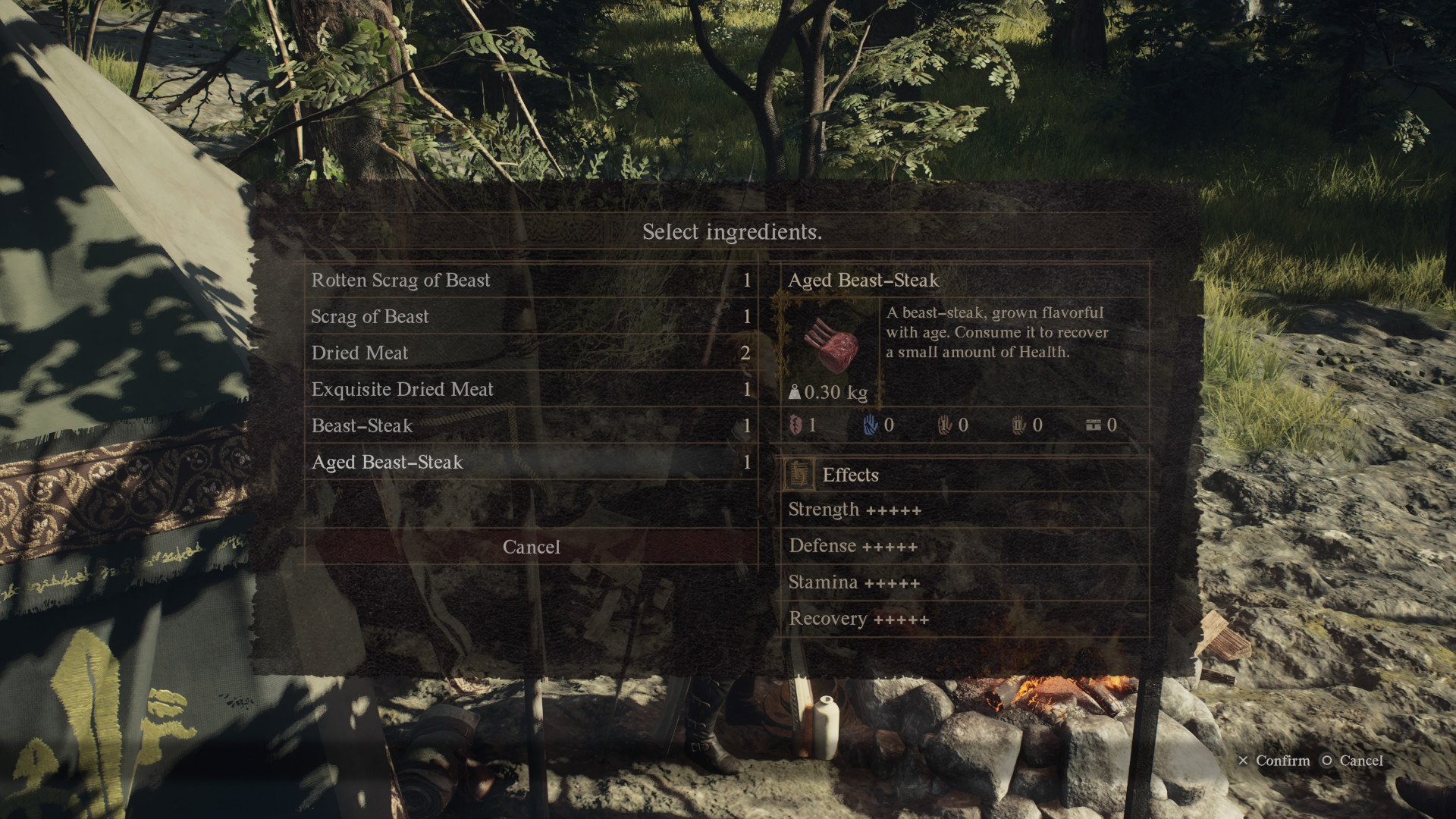The Meat menu in Dragon's Dogma 2. This image is part of an article about how to cook food in Dragon's Dogma 2.