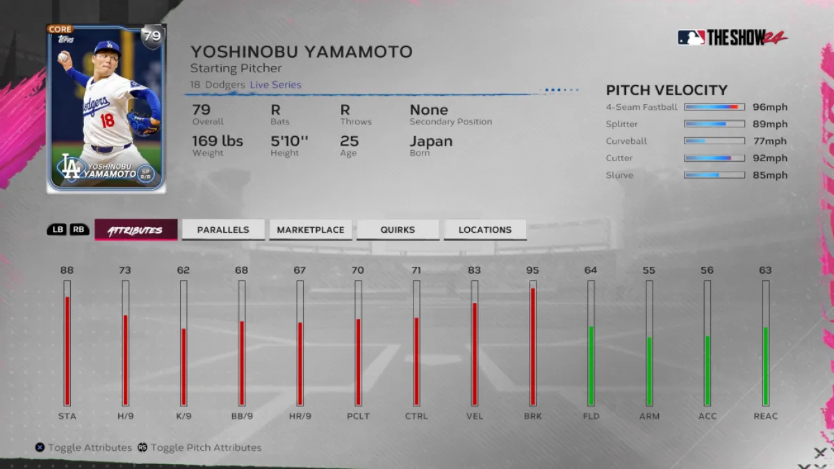 Yoshinobu Yamamoto's Diamond Dynasty stats. This image is part of an article about is Yoshinobu Yamamoto in MLB The Show 24.