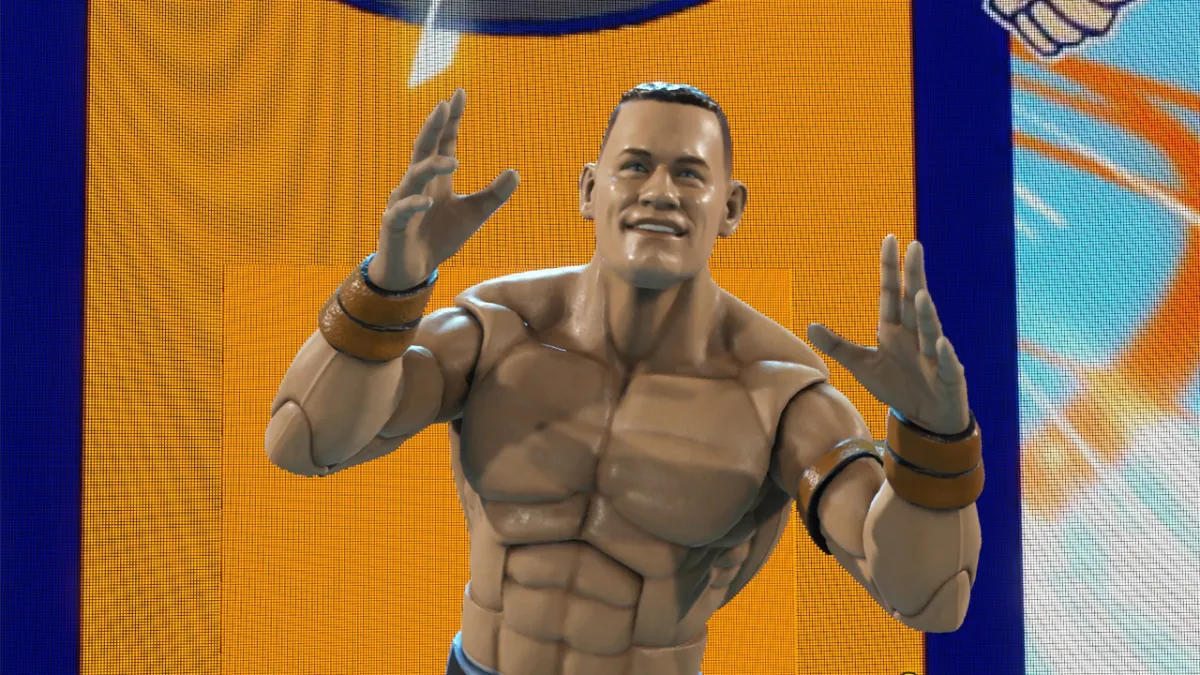 A plastic action figure-style John Cena in WWE 2K24