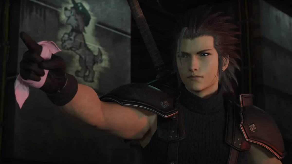 Zack in FF7 Rebirth with a picture of Terrier Stamp on a wall in the background.