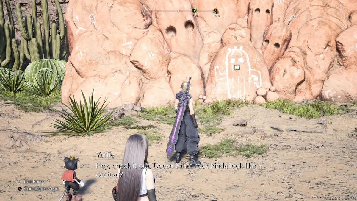 Tifa and Cloud standing in front of a Cactuar Rock in the desert