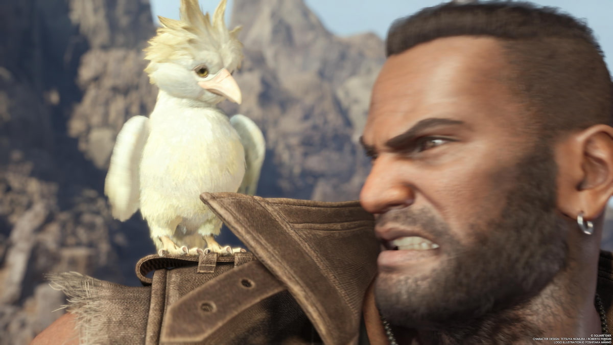 Barret looking at Cloud jr on his shoulder