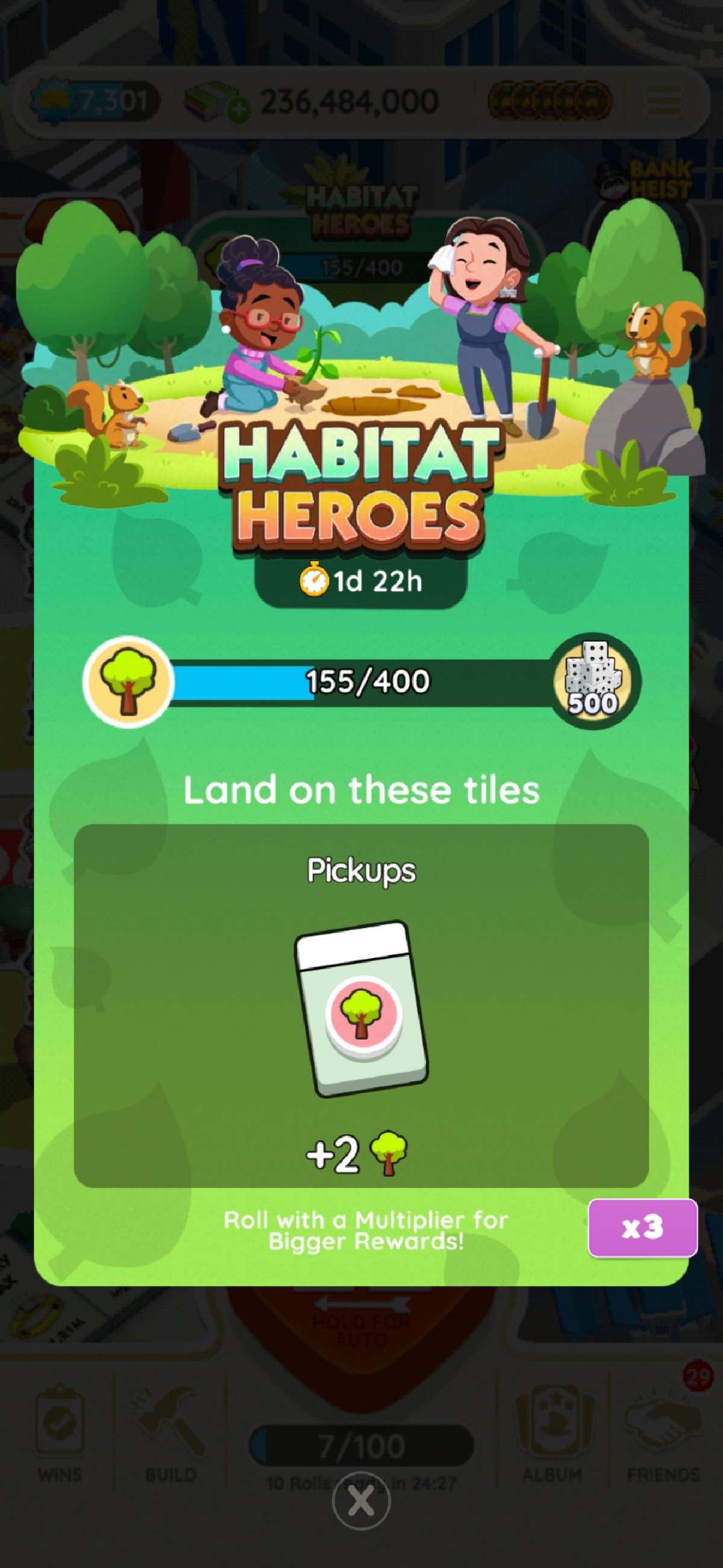 A full-size image for the Habitat Heroes event in Monopoly GO showing two people digging a hole in the ground as they stand between two trees. The image is part of an article on all the rewards and milestones that are part of the Habitat Heroes event in Monopoly GO.