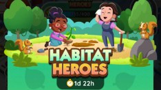 A full-size image for the Habitat Heroes event in Monopoly GO showing two people digging a hole in the ground as they stand between two trees.