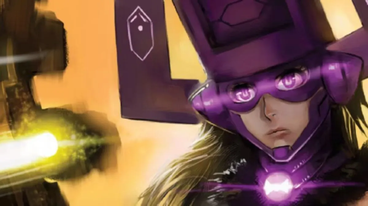 Galacta with her eyes glowing. This image is part of an article about who Marvel Rivals' female Galactus, Galacta, is.