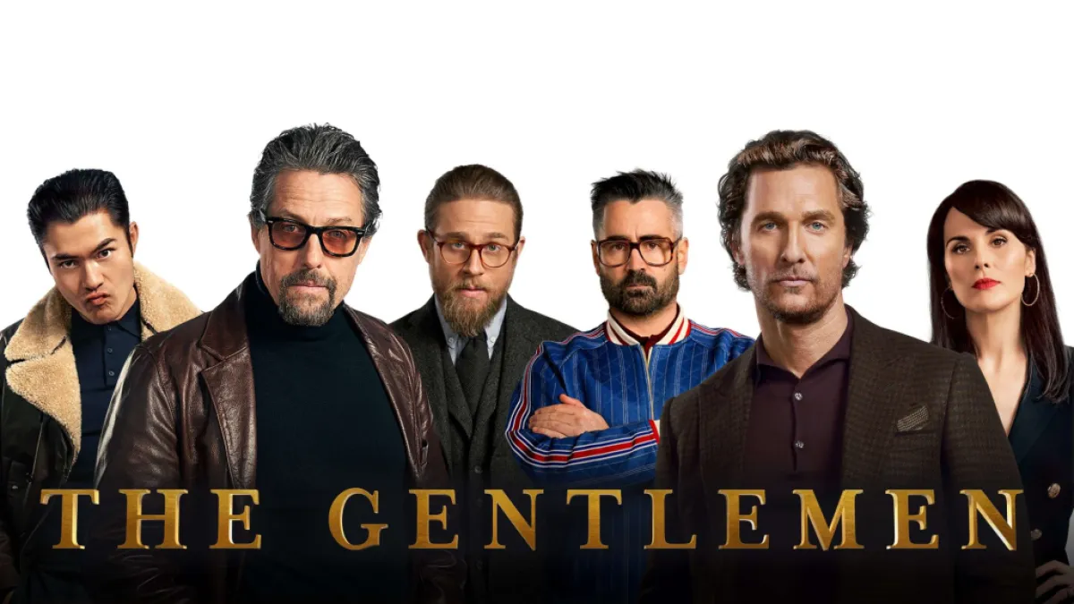 The cast of the Gentlemen. This image is part of an article how does Netflix's The Gentlemen connect to the movie.