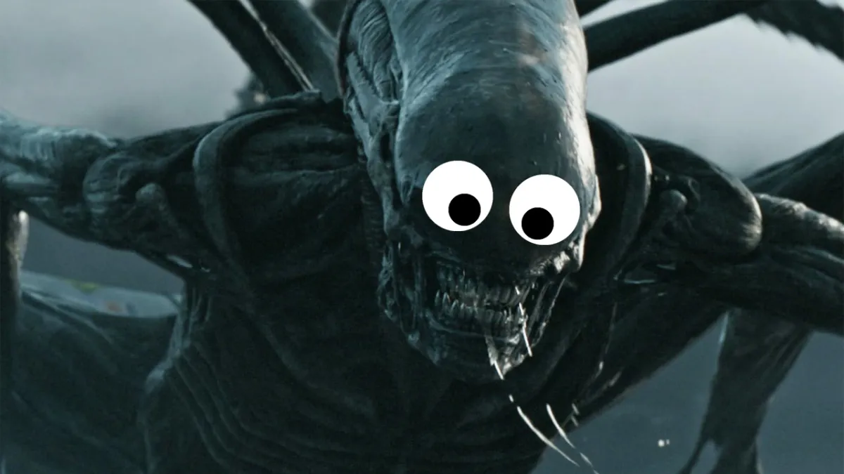 A Xenomorph from Alien: Covenant with googly eyes on its head.