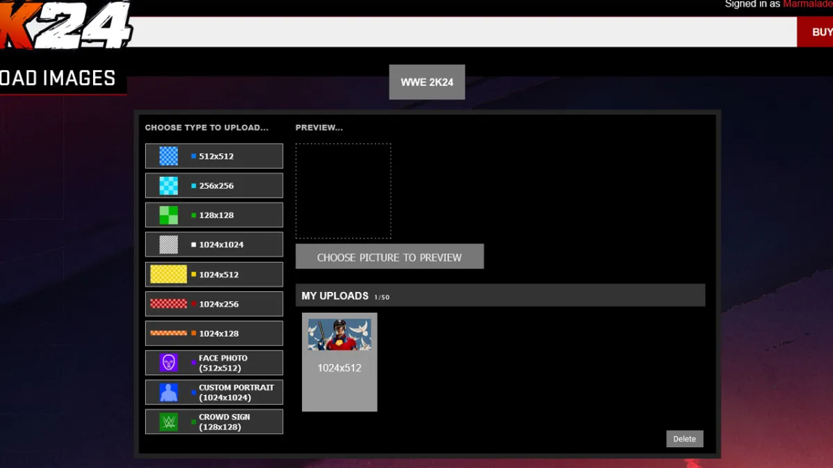 Онлайн-загрузчик изображений WWE 2K24 с возможностью «выбрать изображение для предварительного просмотра» и несколькими вариантами размера изображения.