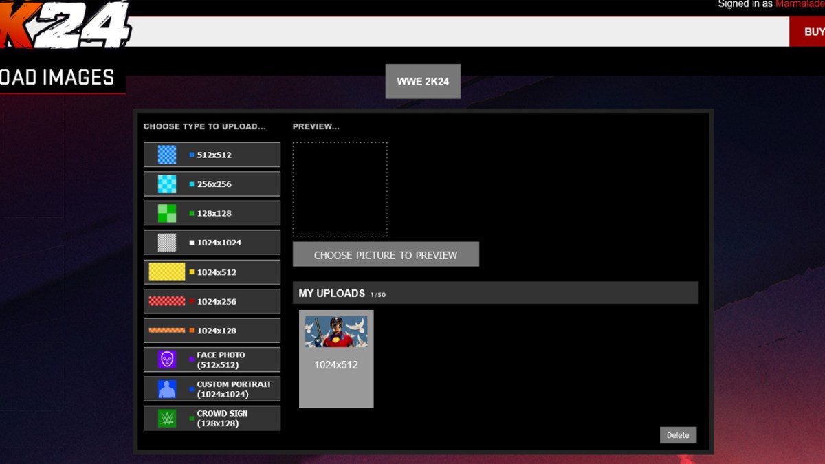 WWE 2K24's online image uploader, with "choose picture to preview" and several image size options. 