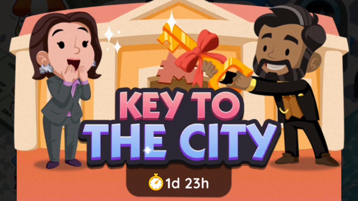 An image from the Monopoly GO Key to the City event showing a man holding a key to the city as a woman looks on in awe.