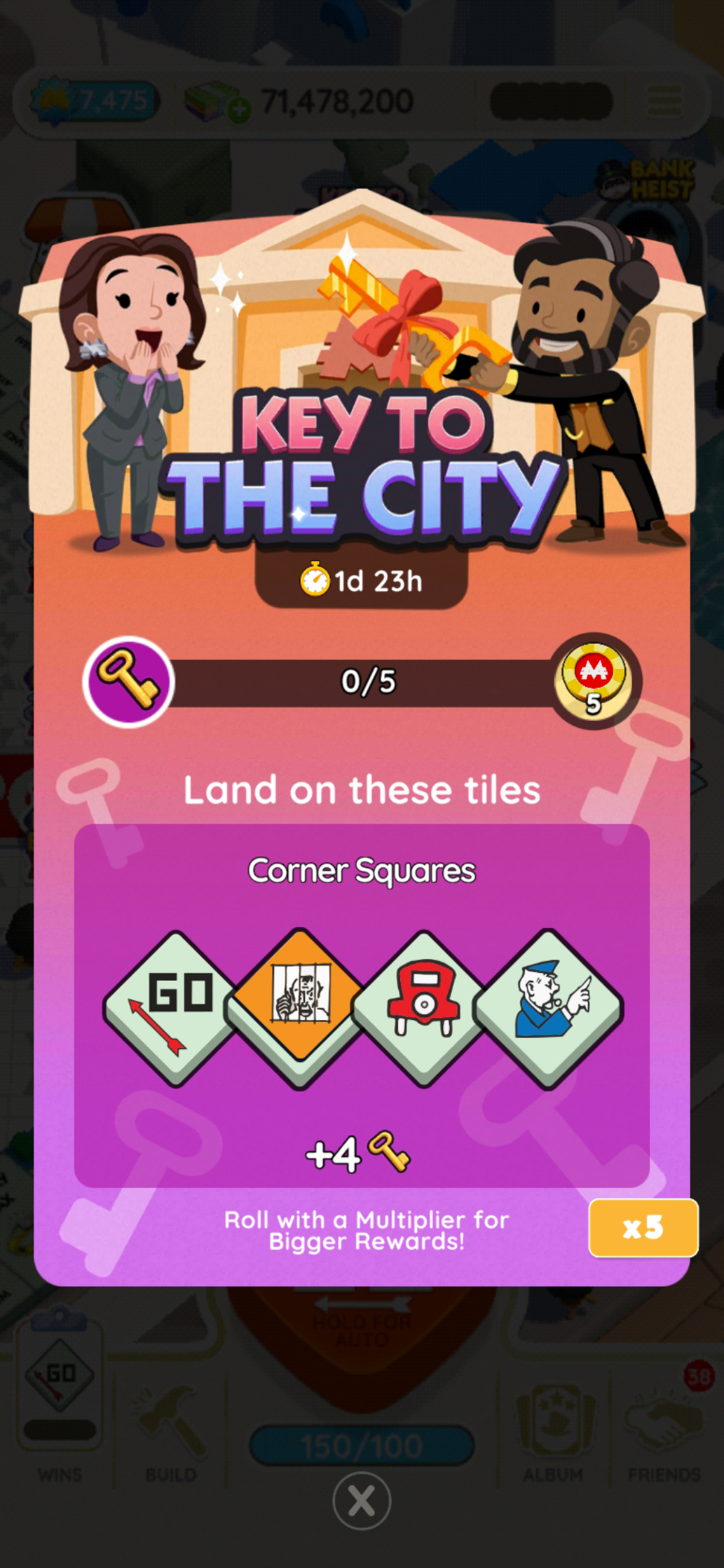 An image from the Monopoly GO Key to the City event showing a man holding a key to the city as a woman looks on in awe, as part of an article on all the rewards and milestones in the event, listed.