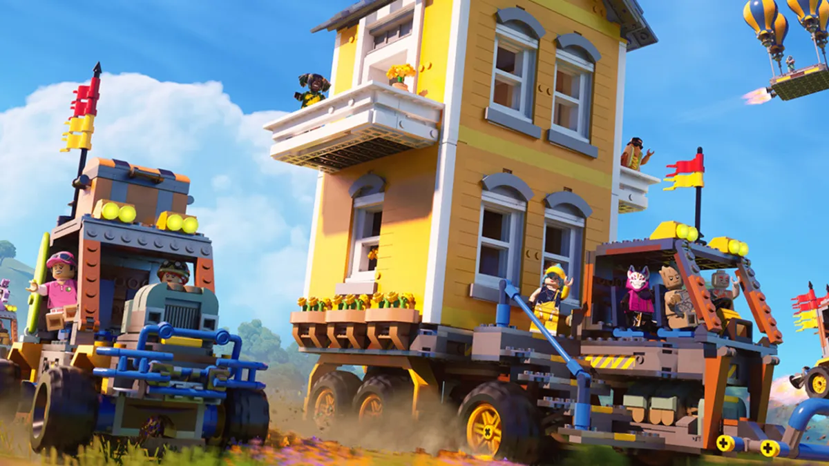 Lego Fortnite, with several Lego cars racing along, including one attached to a house.