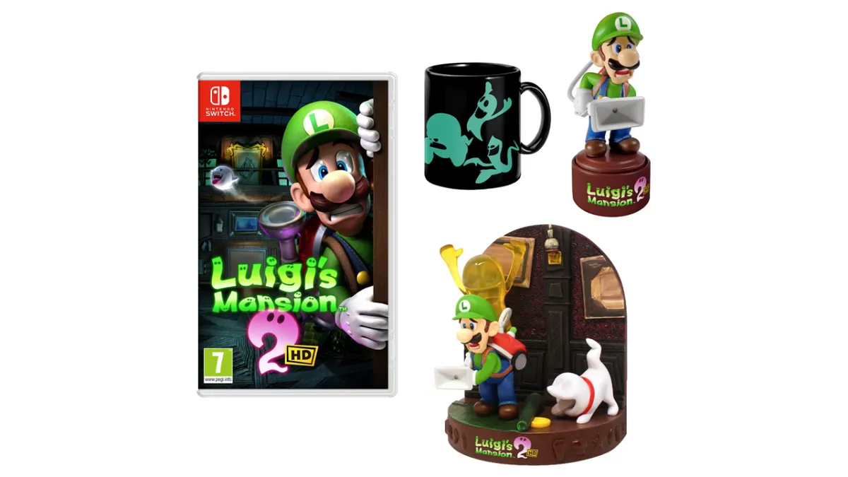 Luigi's Mansion 2 HD en Nintendo Switch, con figura, diorama y taza. 