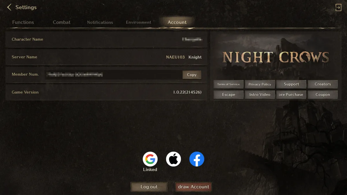 The settings screen in Night Crows