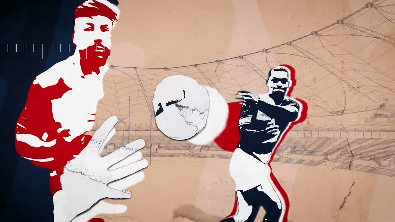 Two poster-style figures throwing a rugby ball in Rugby 24.