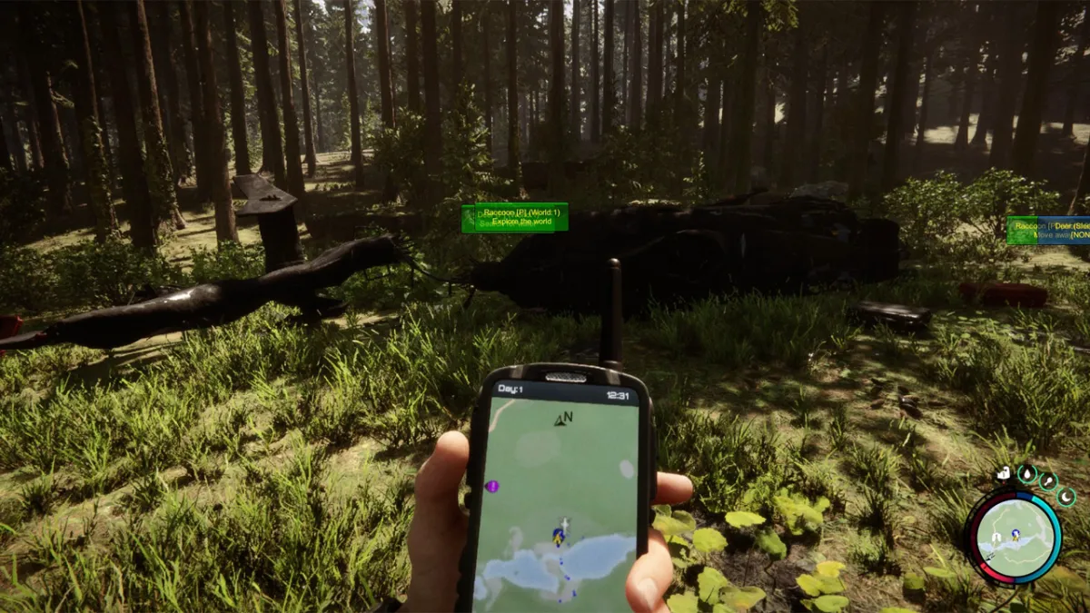 A screenshot from Sons of the Forest showing a woodland clearing with tiny green text boxes floating around. 