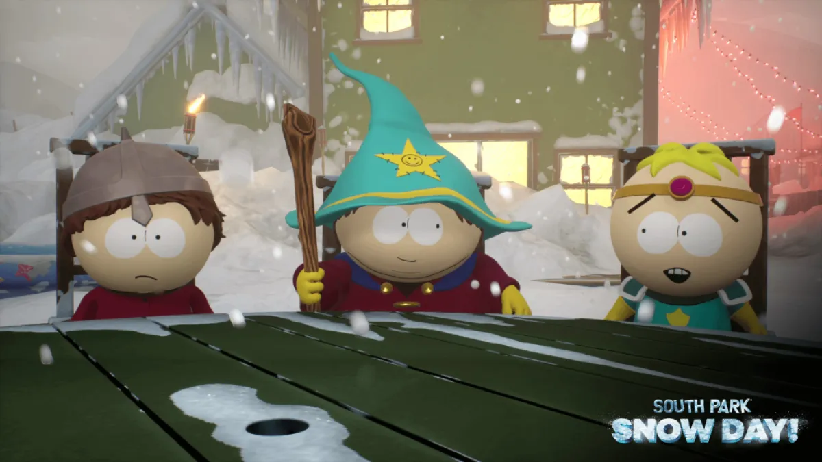 Three characters at a table in South Park: Snow Day. This image is part of an article about how to save your game in South Park: Snow Day.