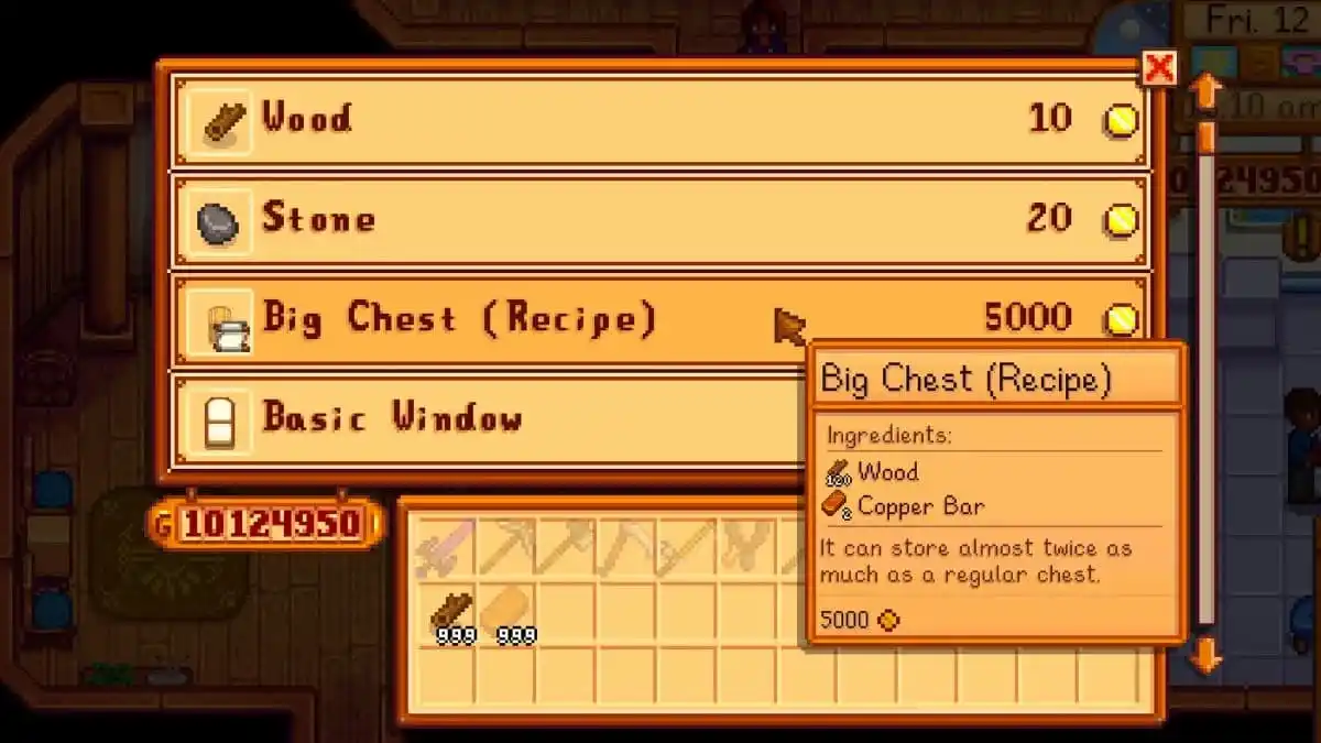 getting the big chest recipe in stardew valley