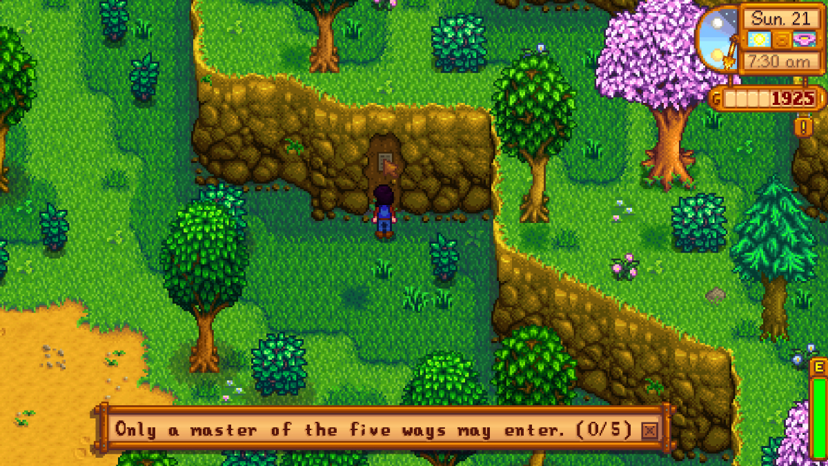 A player outside the master cave in Stardew Valley. This image is part of an article about how to unlock the Statue of the Dwarf King in Stardew Valley 1.6.