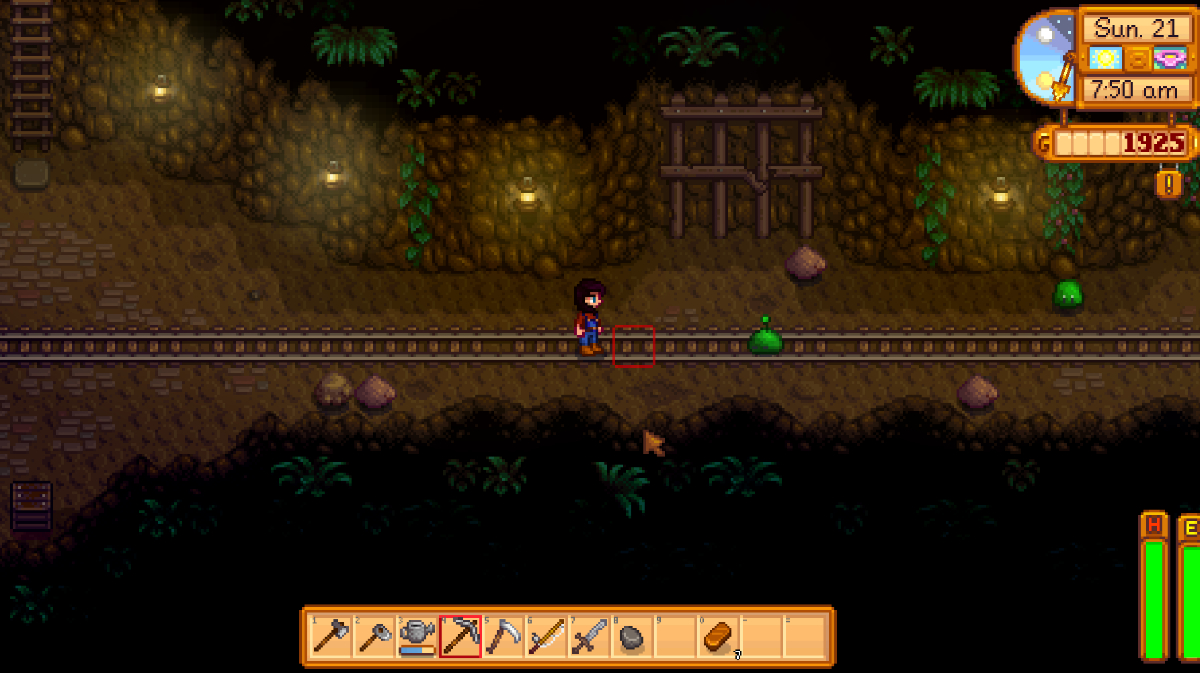 A player walking around a mine in Stardew Valley. This image is part of an article about how to get all 7 Trinkets in Stardew Valley 1.6. 