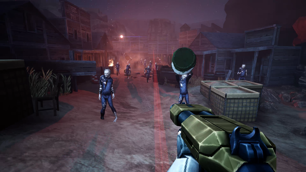 A player holding a weapon at enemies in Phantom Fury.