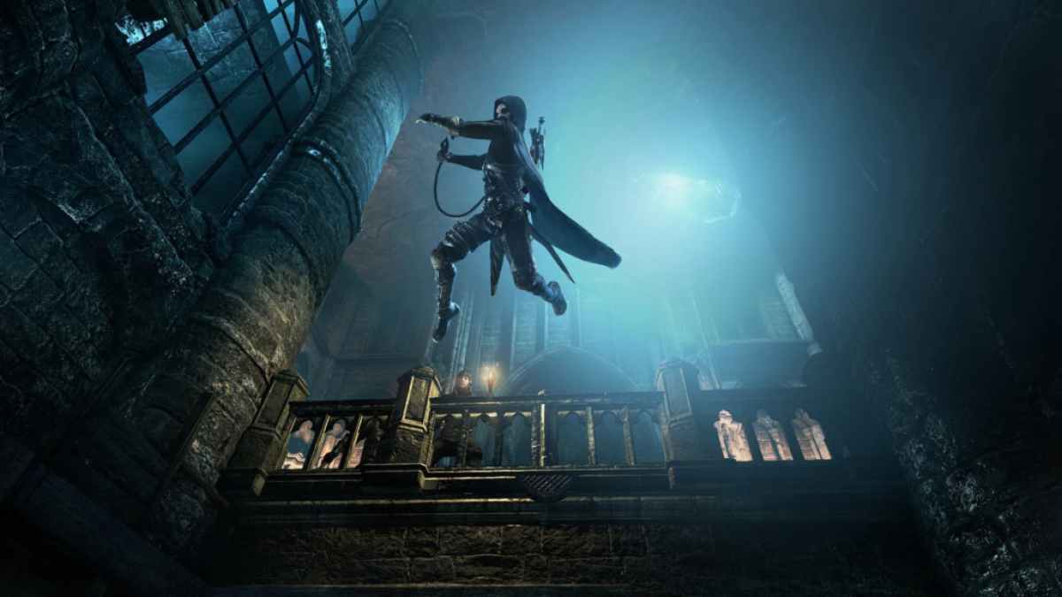 A thief leaping from a balcony in the game Thief. This image is part of an article about epic games store free games list - current and upcoming.