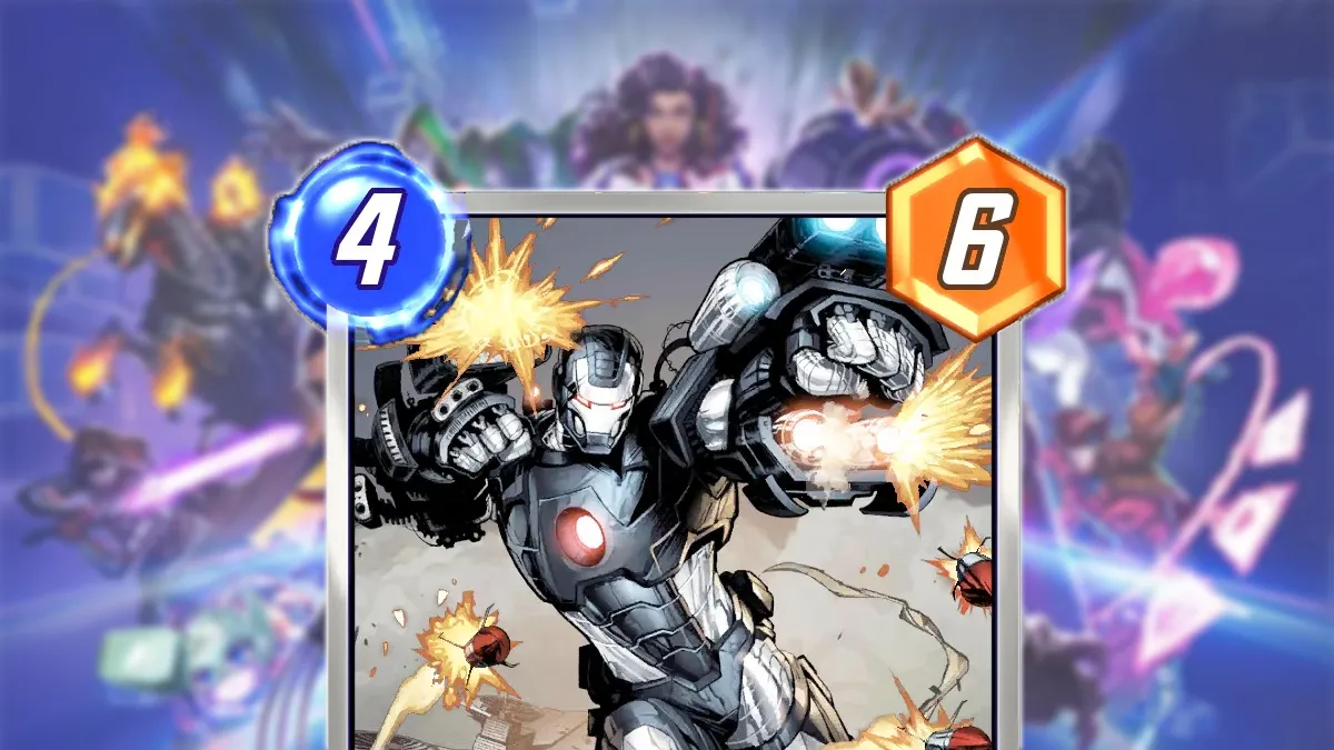 An image showing War Machine's card in Marvel Snap against a blurred backdrop as part of an article on the best decks for the card in the game.