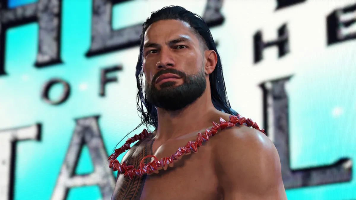 A bearded wrestler with black hair in WWE 2K24.