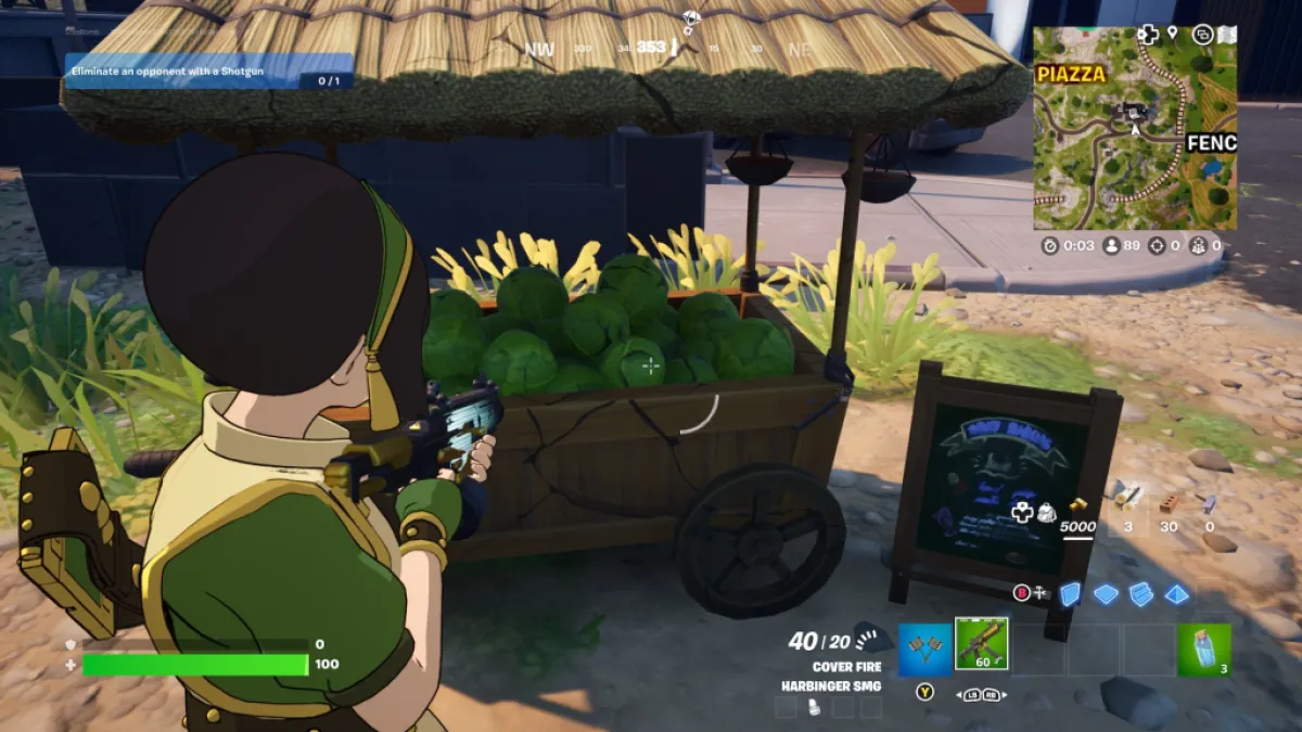 Toph pointing a gun at a Cabbage Cart. This image is part of an article about how to find and destroy Cabbage Carts in Fortnite.