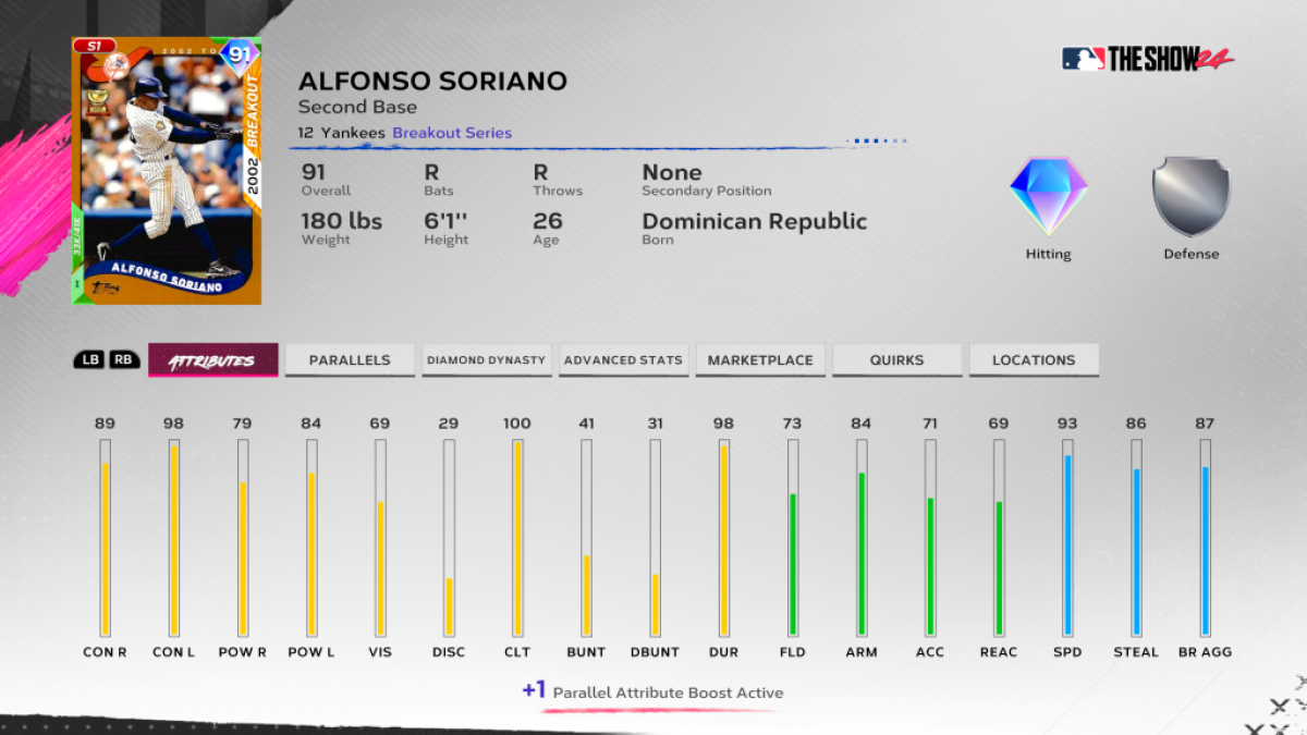 Alfonso Soriano Season 1 XP Program card in  MLB The Show 24