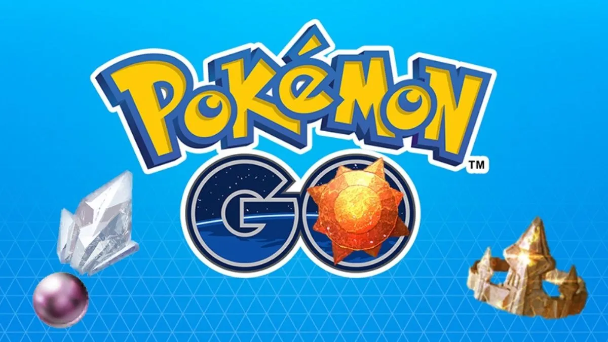 Image of the Pokemon GO Logo with various evolution items around it