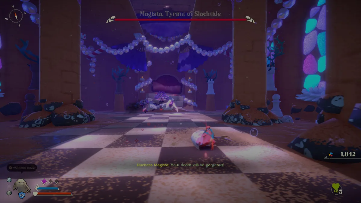 A screenshot showing a boss in Another Crab's Treasure, alongside  Kril running away from the battle