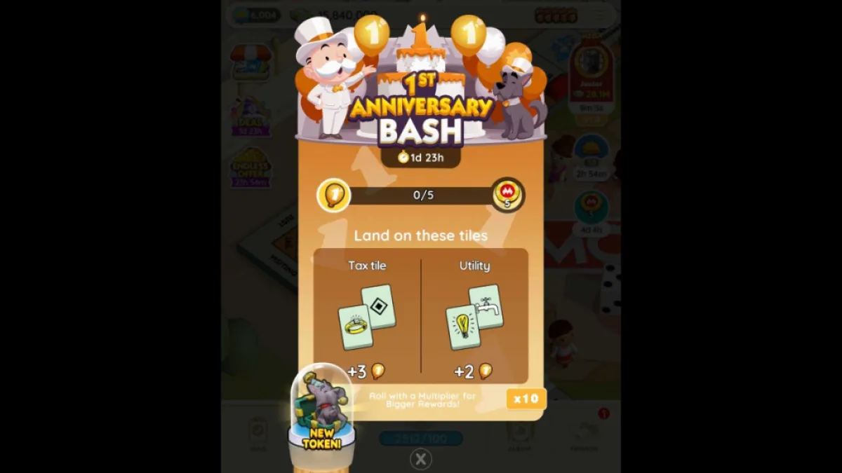 April 21 Anniversary Bash rewards in Monopoly GO showing game requirements and new scottie dog board token