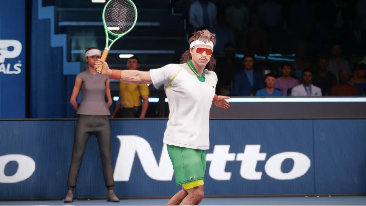 A created character hitting a backhand hit in Top Spin 2K25