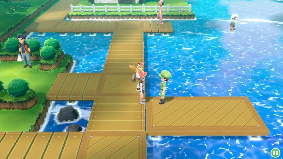 Captura de pantalla de Pokémon Let's Go Eevee que muestra a dos entrenadores a punto de luchar