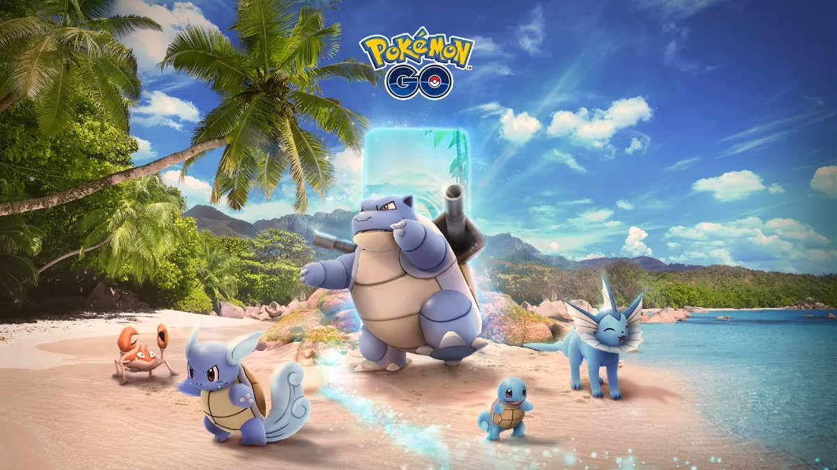 Image of several water-type Pokemon on a beach