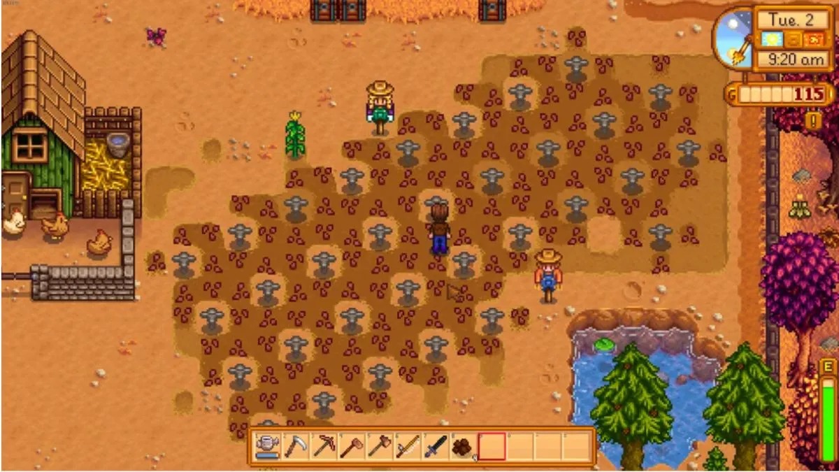 Screenshot of a Stardew Valley farm showing a basic sprinkler layout